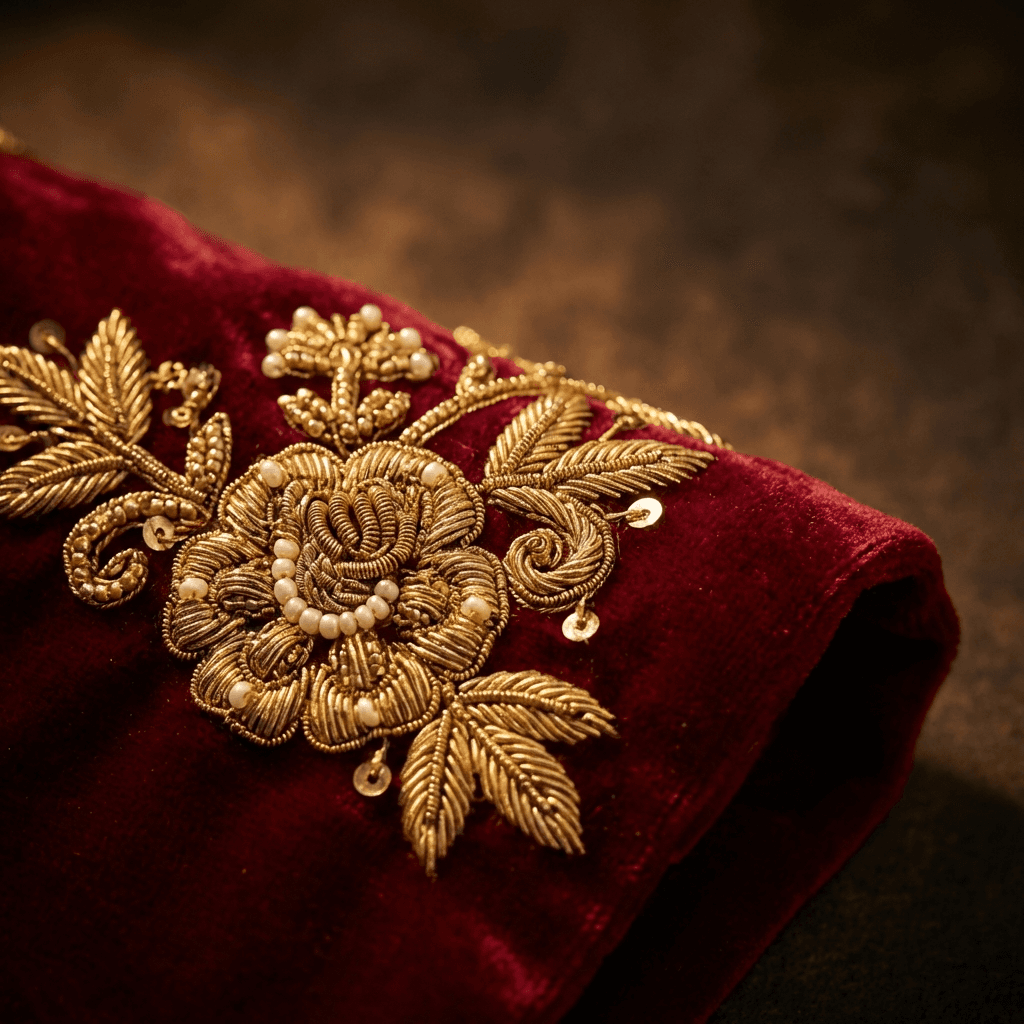 Decorative floating image of intricate golden Zardozi embroidery.